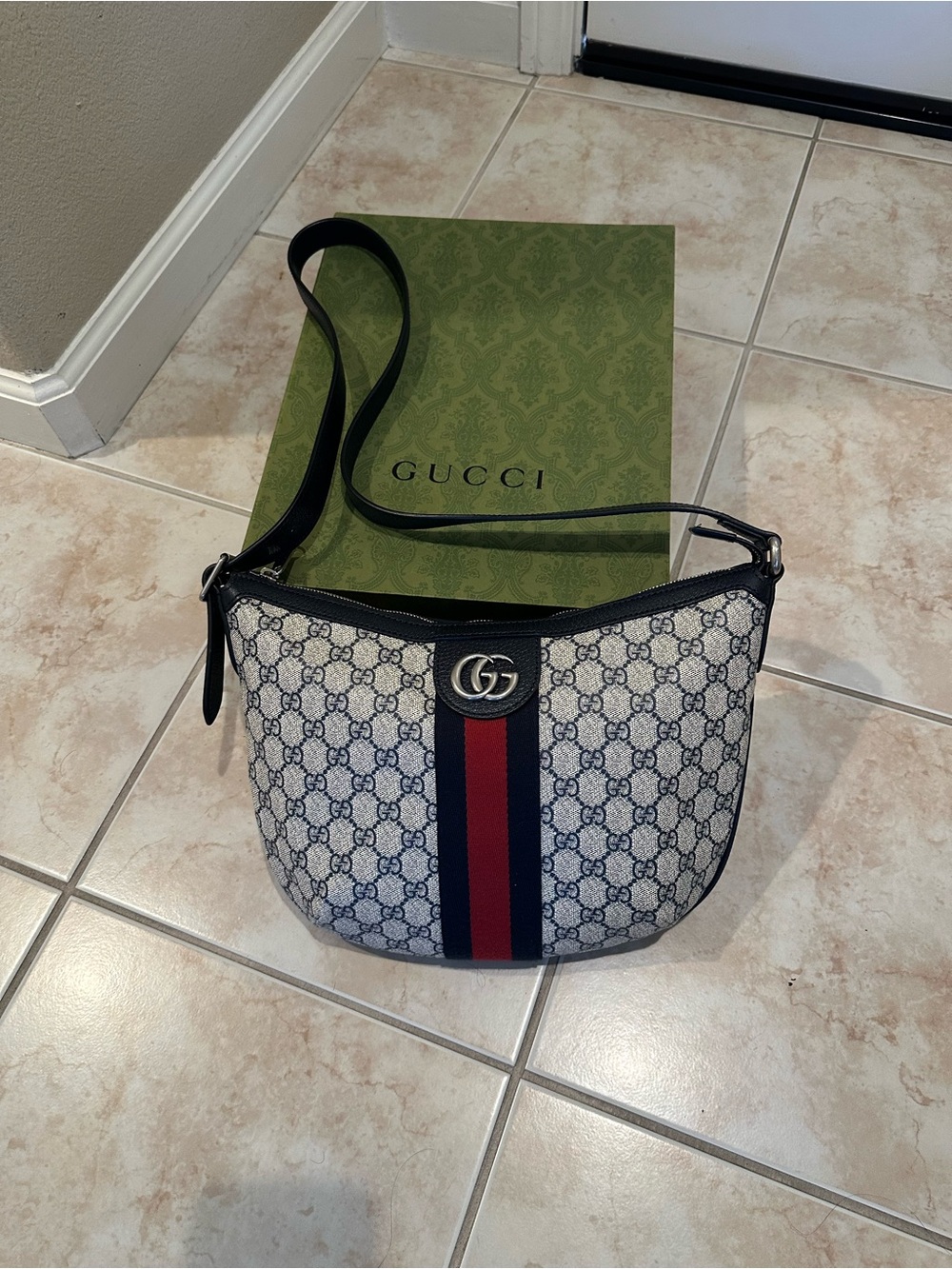 Gucci GG Supreme Canvas Crossbody with Navy and Red Web Stripe